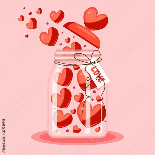 vector postcard with a jar of hearts. red hearts fly out of a glass jar