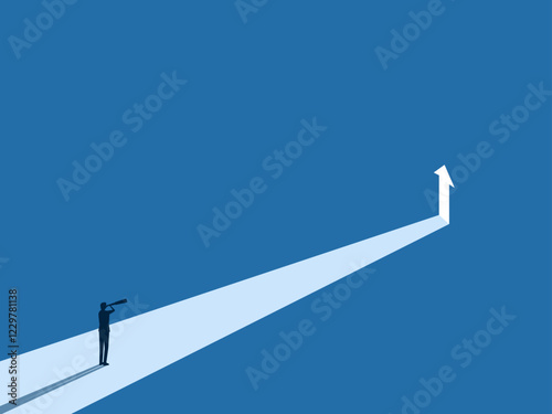 Businessman looking at telescope at door with arrow pointing up for new opportunities