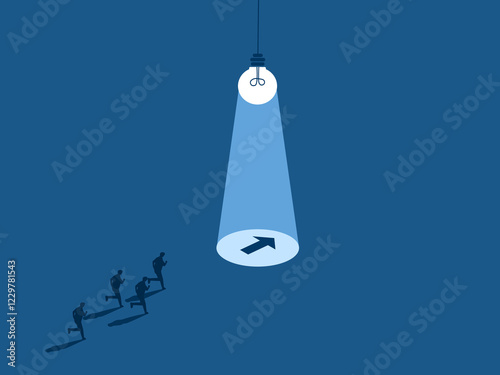 Group of People Running to Arrow with Guiding Light bulb