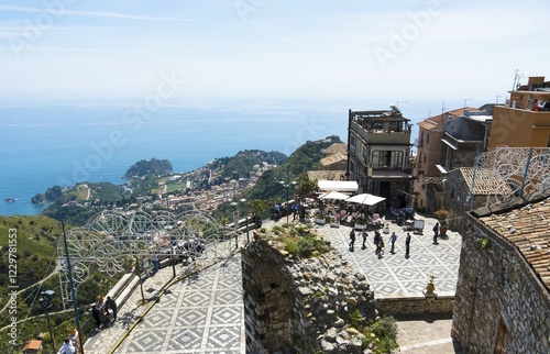 View of bay from castle with Castelmola, Sicily, Italy, Europe