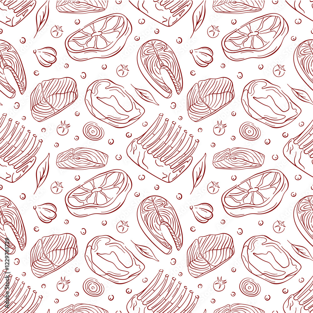 Seamless pattern with line art style meat cut and fish steak, vegetables and herb. Perfect for food design for packaging, restaurant menu and culinary project.
