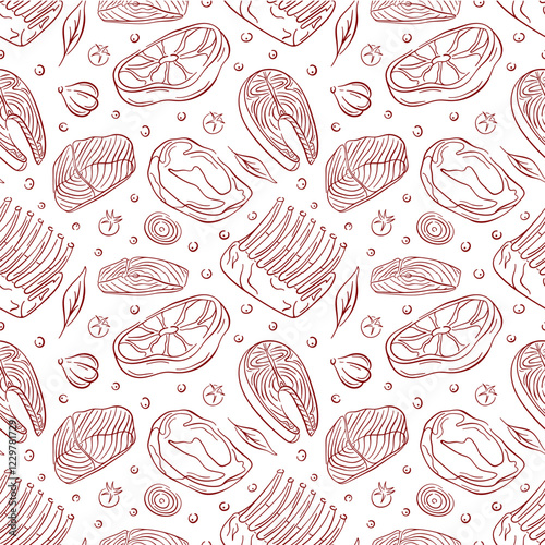 Seamless pattern with line art style meat cut and fish steak, vegetables and herb. Perfect for food design for packaging, restaurant menu and culinary project.