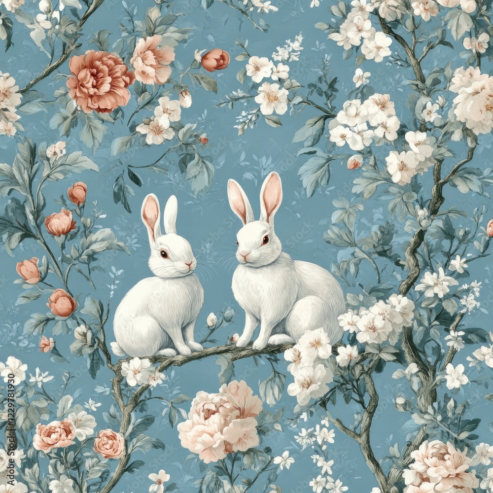 Obraz premium Whimsical floral rabbits enchanted garden artwork pastel background close-up nature's charm