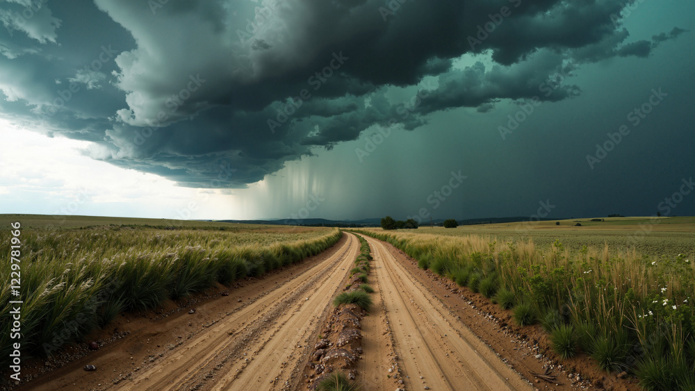 Rugged dirt road winding through a stormy rural landscape, ideal for travel brochures, weather apps, or rustic home décor Rugged dirt road winding through a stormy rural landscape, ideal for travel brochures, weather apps, or rustic home décor