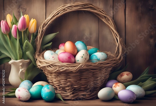 Basket with painted Easter eggs and tulips on wooden background