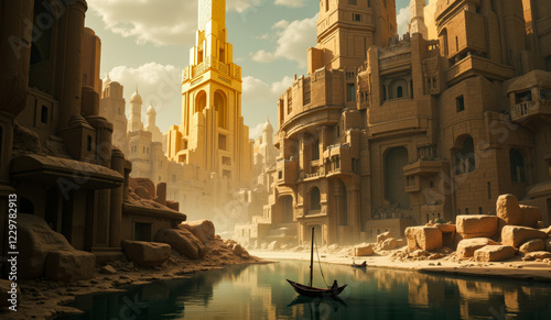 an image of an old city with a boat in the middle of the river

