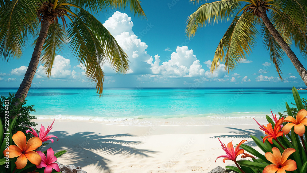 Stunning Tropical Beach with Crystal-Clear Waters, Palm Trees, and Vibrant Flowers for Travel Ads, Resort Marketing, and Lifestyle Blogs Stunning Tropical Beach with Crystal-Clear Waters, Palm Trees, and Vibrant Flowers for Travel Ads, Resort Marketing, and Lifestyle Blogs