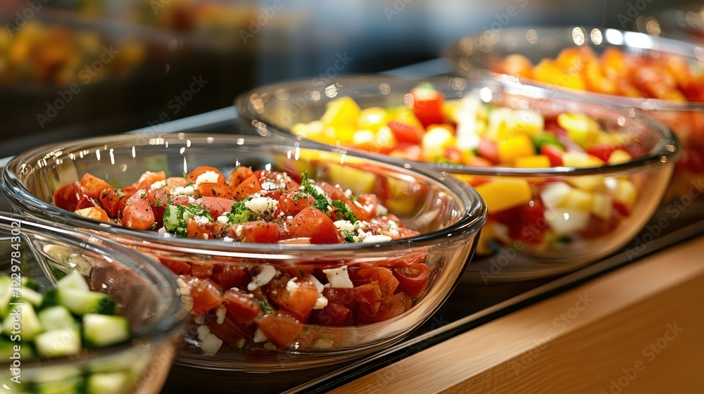 Fototapeta premium Delectable Salad Buffet: A Culinary Delight of Fresh Tomatoes, Cucumbers, and Vibrant Vegetables