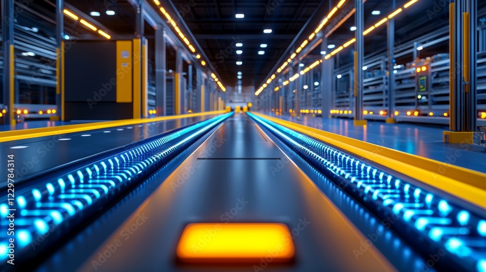 Futuristic Automated Factory Interior With Illuminated Conveyor Belts And Advanced Machinery Futuristic Automated Factory Interior With Illuminated Conveyor Belts And Advanced Machinery