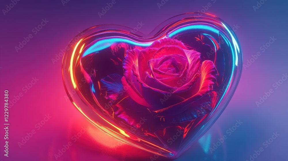 A glowing neon heart with a rose inside, futuristic romantic illustration, vibrant colors, isolated on white background. A glowing neon heart with a rose inside, futuristic romantic illustration, vibrant colors, isolated on white background.