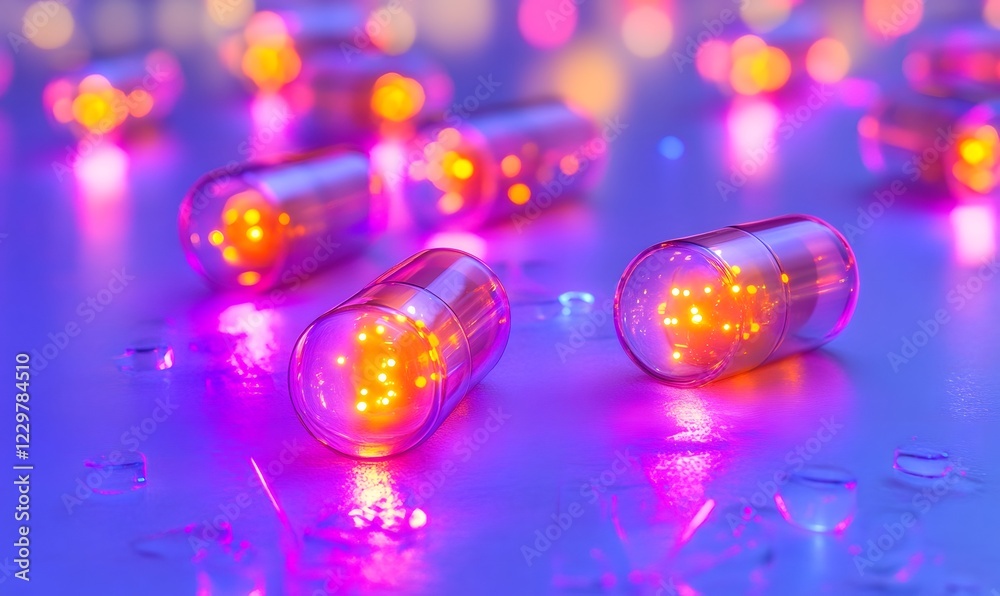 Glowing Capsules Scattered on Reflective Surface Glowing Capsules Scattered on Reflective Surface