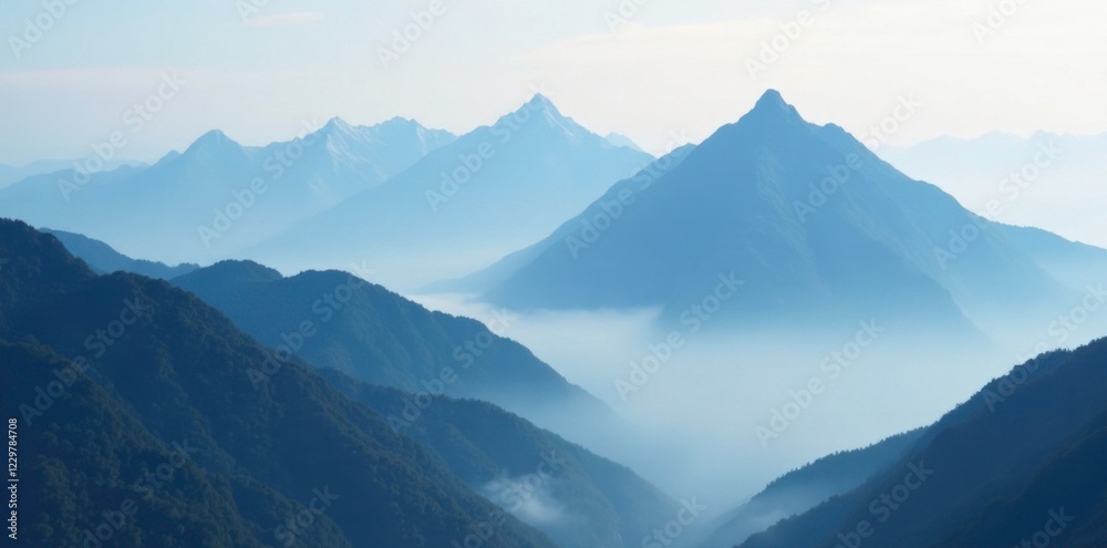 Towering mountain peaks shrouded in foggy clouds, terrain, fog, mountain