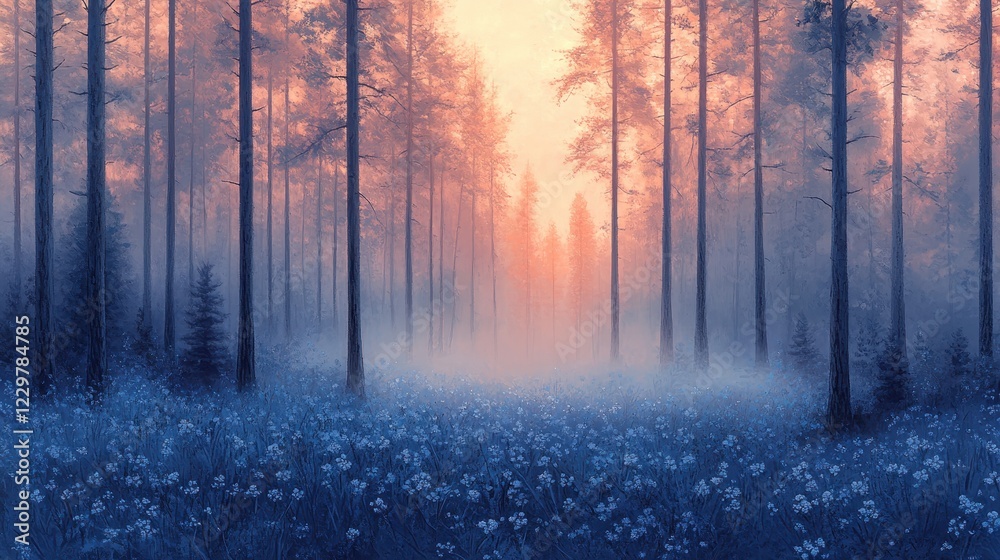 Fototapeta premium Ethereal Mist Floating in a Tranquil Woodland Scene at Dawn