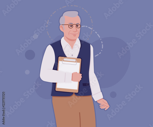 Senior man, classic vest, vintage glasses, clipboard holding. University professor, lecturer, old experienced, grey hair, older grandfather. Vector flat style cartoon illustration, creative background