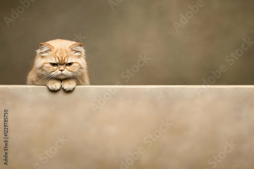 Grumpy cat on wall, neutral background, pet