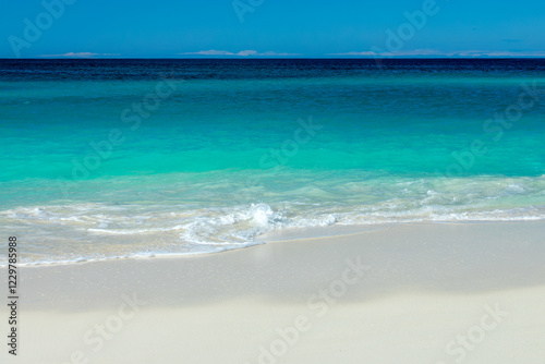 Obraz na płótnie Front view of blue transparent water and perfect white sand in Shoal Bay beach, Caribbean dream background in Anguilla island, British West Indies w salonie