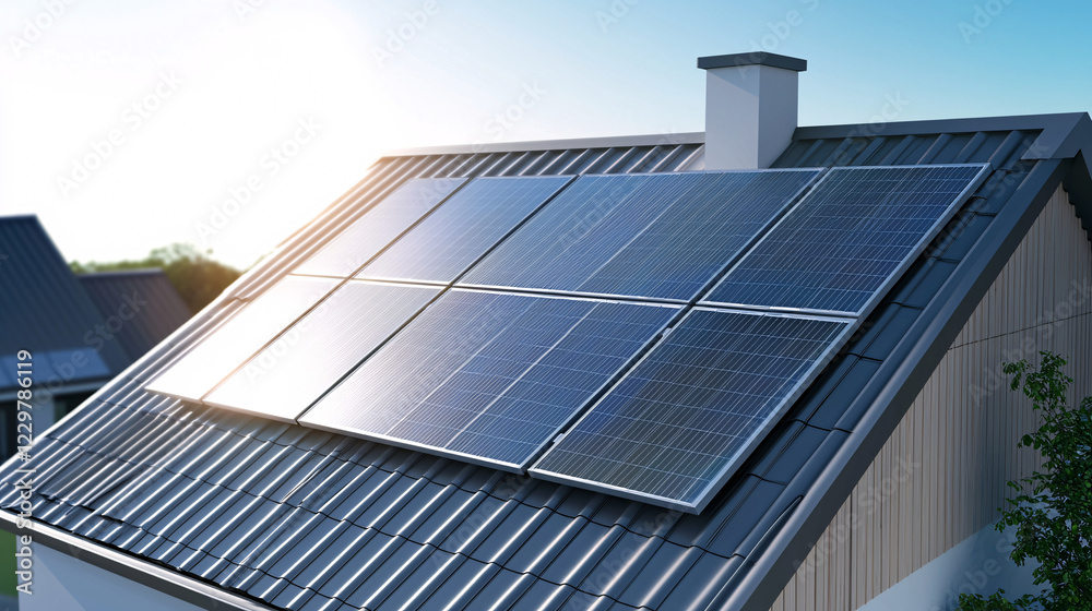Fototapeta premium Close up of solar cell grid installed on roof, showcasing renewable energy technology. sunlight reflects off panels, emphasizing their efficiency and modern design