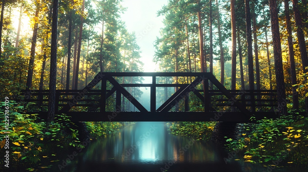 Serene wooden bridge crossing a calm river surrounded by lush green forest in autumn Serene wooden bridge crossing a calm river surrounded by lush green forest in autumn