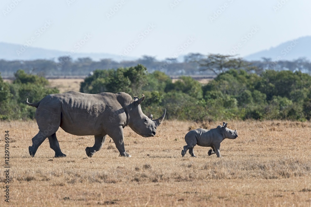 Fototapeta premium White Rhinoceros (Ceratotherium simum) walking with young animal over steppe, Ol Pejeta Reserve, Kenya, Africa
