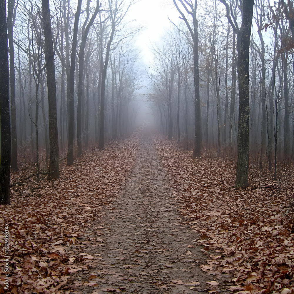 Naklejka premium Foggy path, autumn woods, leaf-covered trail, peaceful scene