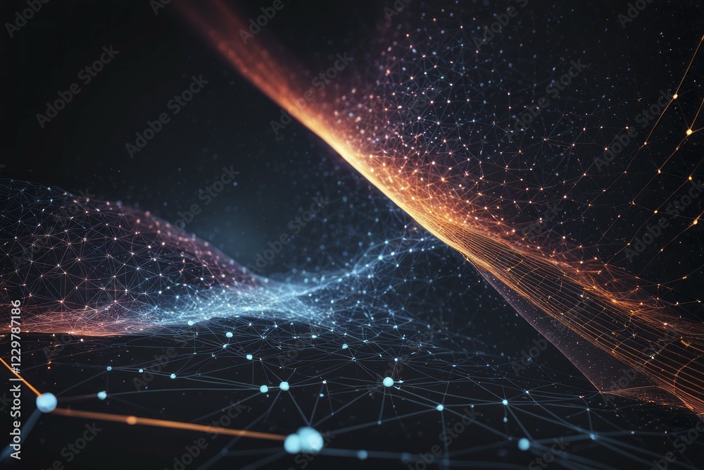 Obraz premium Abstract digital art showing red and blue connected lines and particles against a dark background, AI generated