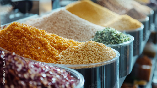 Fototapeta Naklejka Na Ścianę i Meble -  Raw ingredients arranged on factory conveyor belt in a food processing facility showcasing diverse spices and powders