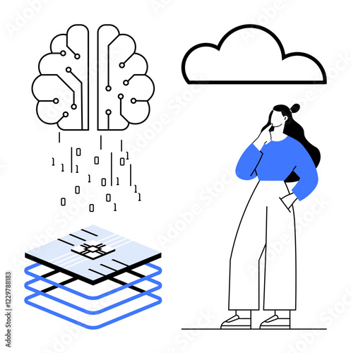 Woman thinking, digital brain with binary code, cloud, data layers with circuit. Ideal for AI, cloud computing, data analysis, innovation, technology digital transformation artificial intelligence