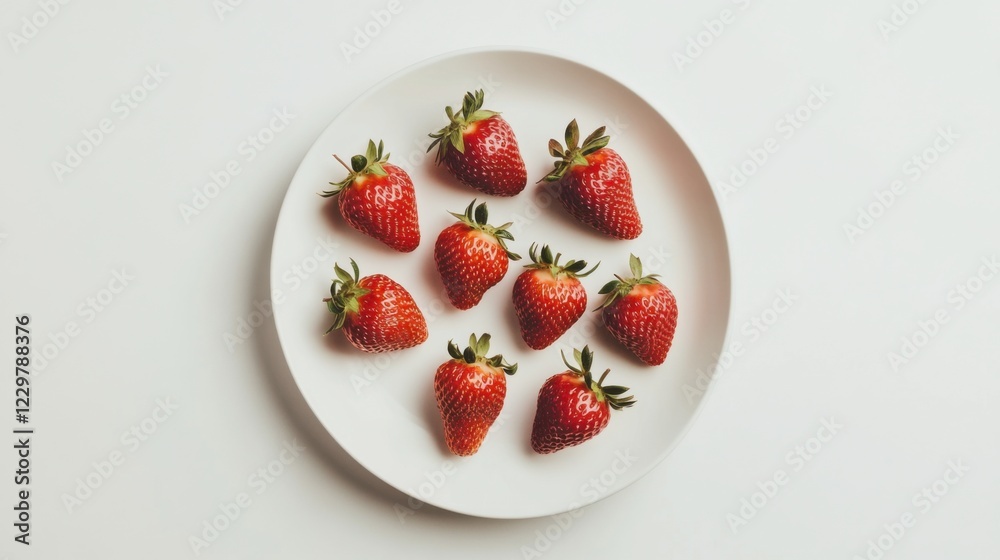 A minimalist plate of fresh strawberries, neatly arranged in a simple pattern on a plain white ceramic plate, Strawberries centered A minimalist plate of fresh strawberries, neatly arranged in a simple pattern on a plain white ceramic plate, Strawberries centered