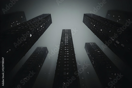 Foggy city, night skyscrapers, low angle photo