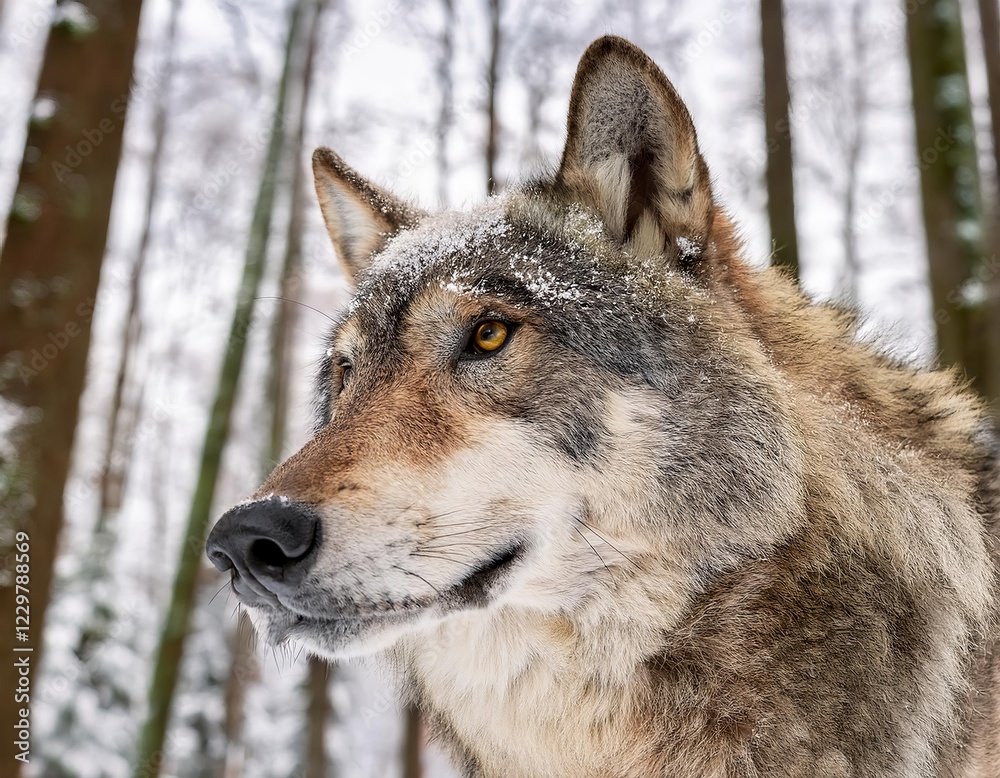 Fototapeta premium Majestic wolf observing winter wonderland in snowy forest