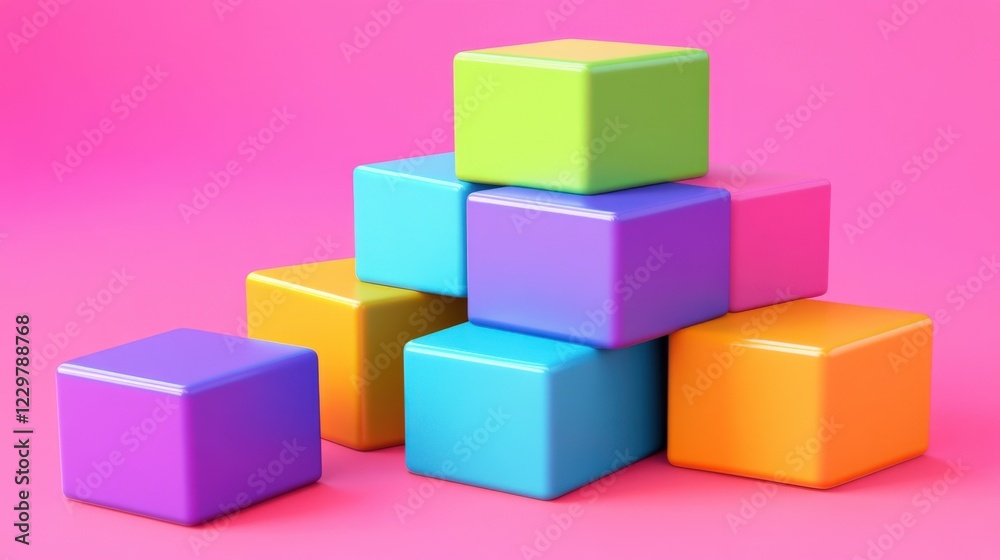 Fototapeta premium Colorful Stacked Cubes on Pink Background for Data Representation and Annotations