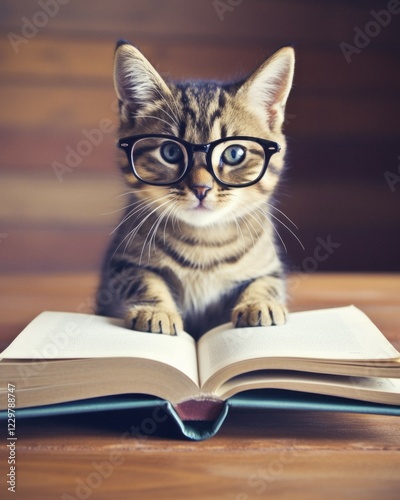 Wallpaper Mural Cute kitten, cat with glasses reading a book, AI generated Torontodigital.ca