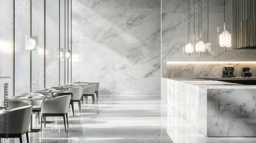 Modern marble restaurant interior with sunlight photo