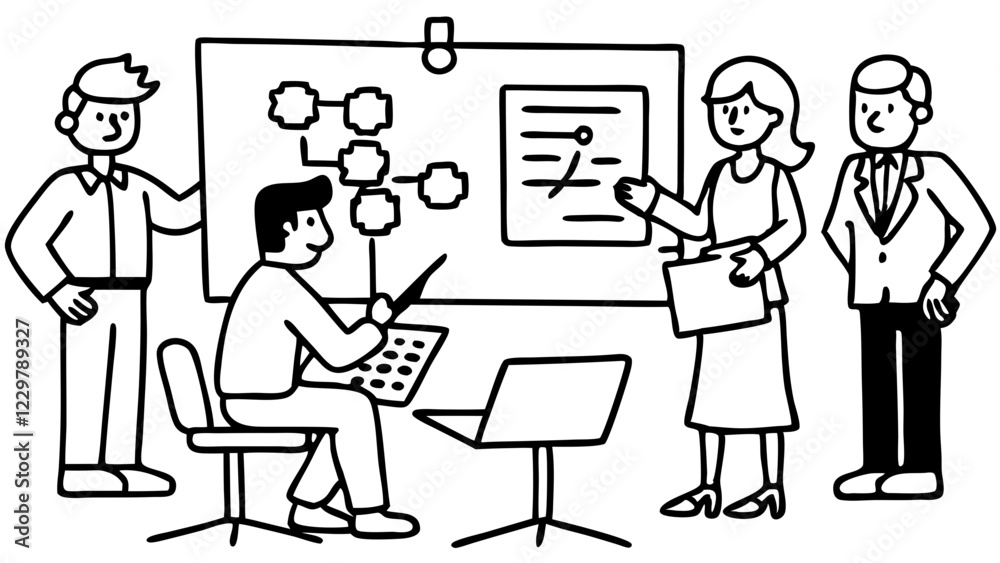 Scrum board meeting. Business team planning tasks, office workers conference and workflow plan flowchart cartoon vector Scrum board meeting. Business team planning tasks, office workers conference and workflow plan flowchart cartoon vector