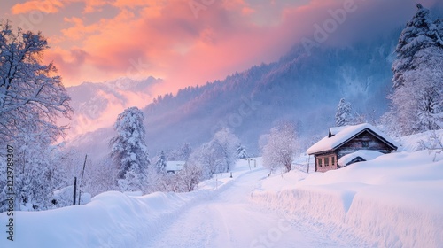 Winter sunrise over snowy landscape with cozy cabin in remote location photo