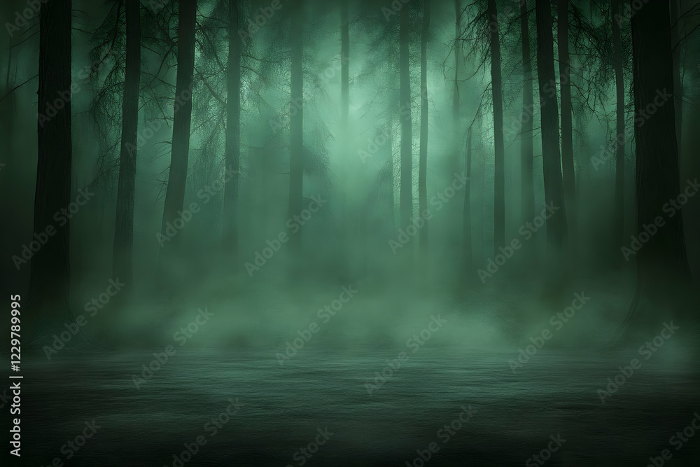 Fototapeta premium Foggy forest path, mysterious woods, eerie scene, background for fantasy