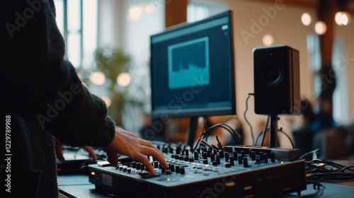Setting up audio equipment for a hybrid event in a modern workspace with a digital interface