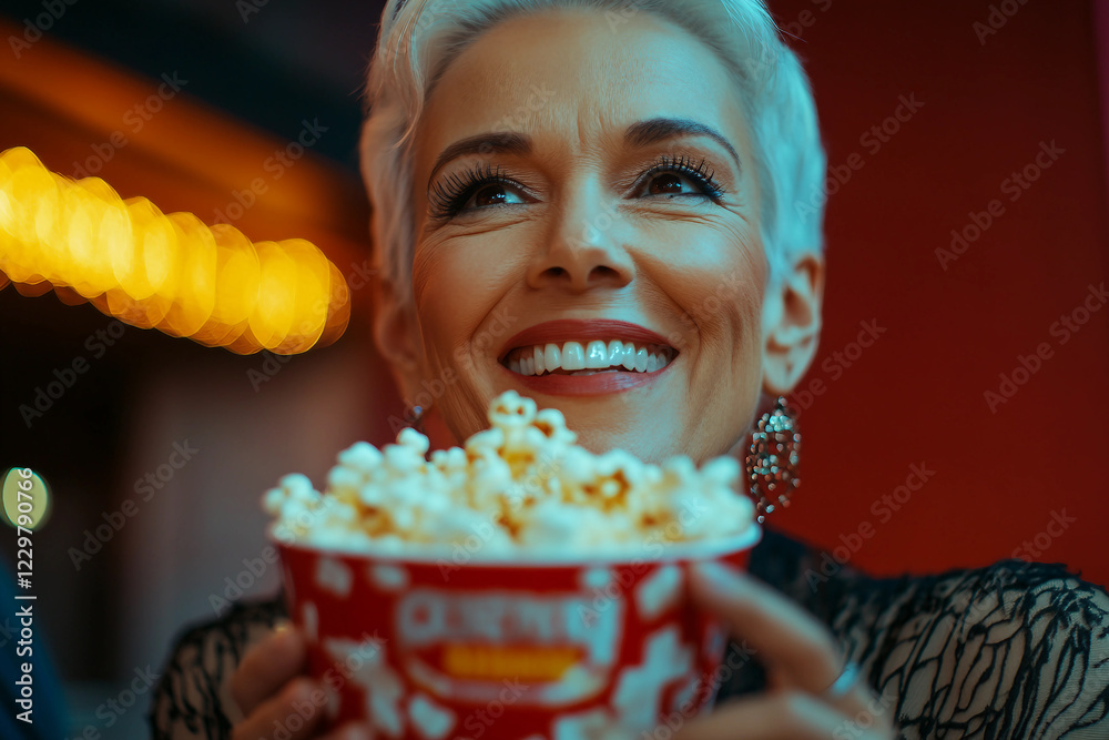 Person Enjoying Popcorn in Cozy Movie Theater with Warm Lighting, Generative AI