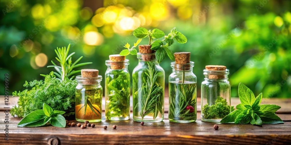 Aromatic bottles with fresh herbs on a wooden table, home decor, , home decor,, wellness gifts Aromatic bottles with fresh herbs on a wooden table, home decor, , home decor,, wellness gifts