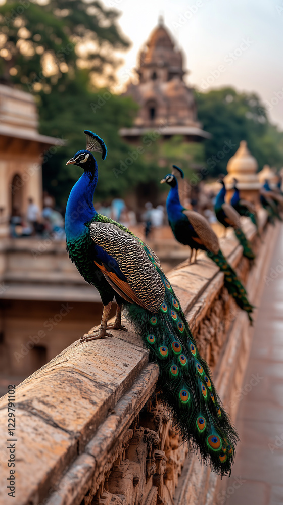 Peacocks roam gracefully on the intricately carved roof of an ancient haveli amidst a tranquil village setting Peacocks roam gracefully on the intricately carved roof of an ancient haveli amidst a tranquil village setting