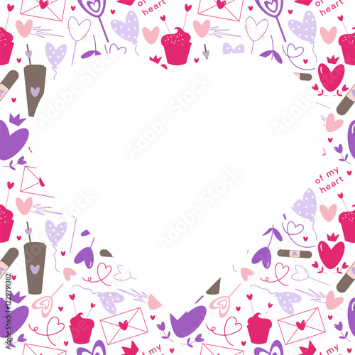 Vector doodle Valentines day frame, love season pastel background with copy space and heart shape elements. Can be used for packaging, labels, card, banner, invitations prints.
