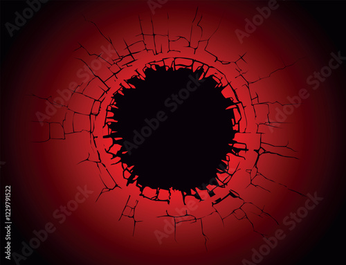 Dark red cracked circular void, evoking destruction, mystery, and powerful visual impact