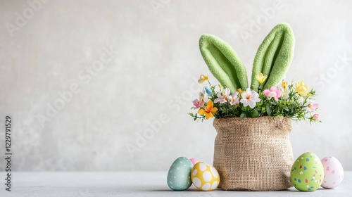 Decorative Easter bunny bag filled with flowers and colorful eggs on a light background