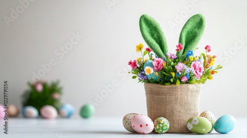 Colorful easter decoration with flowers and eggs in a rustic pot on a light background