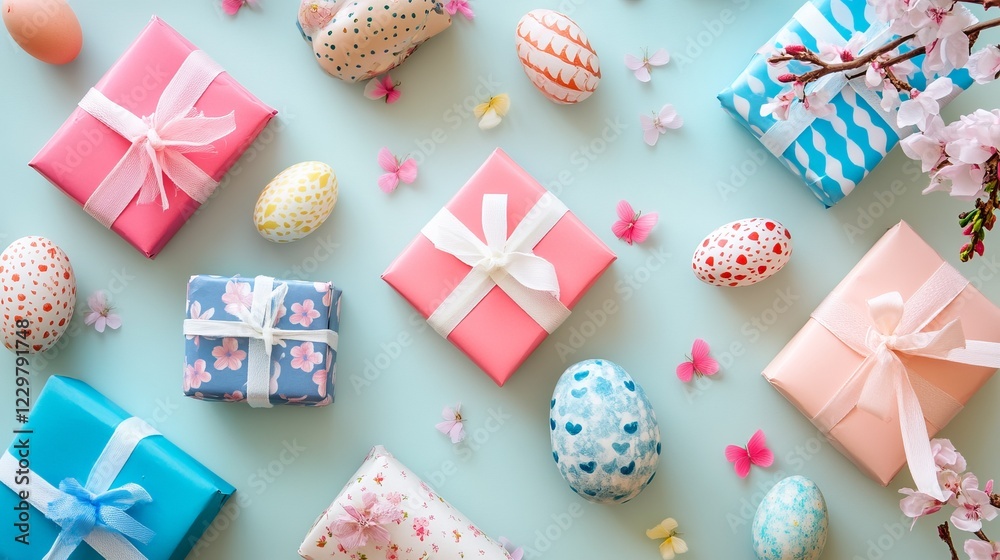 Fototapeta premium Colorful Easter decorations with vibrant eggs and beautifully wrapped gifts on a pastel background