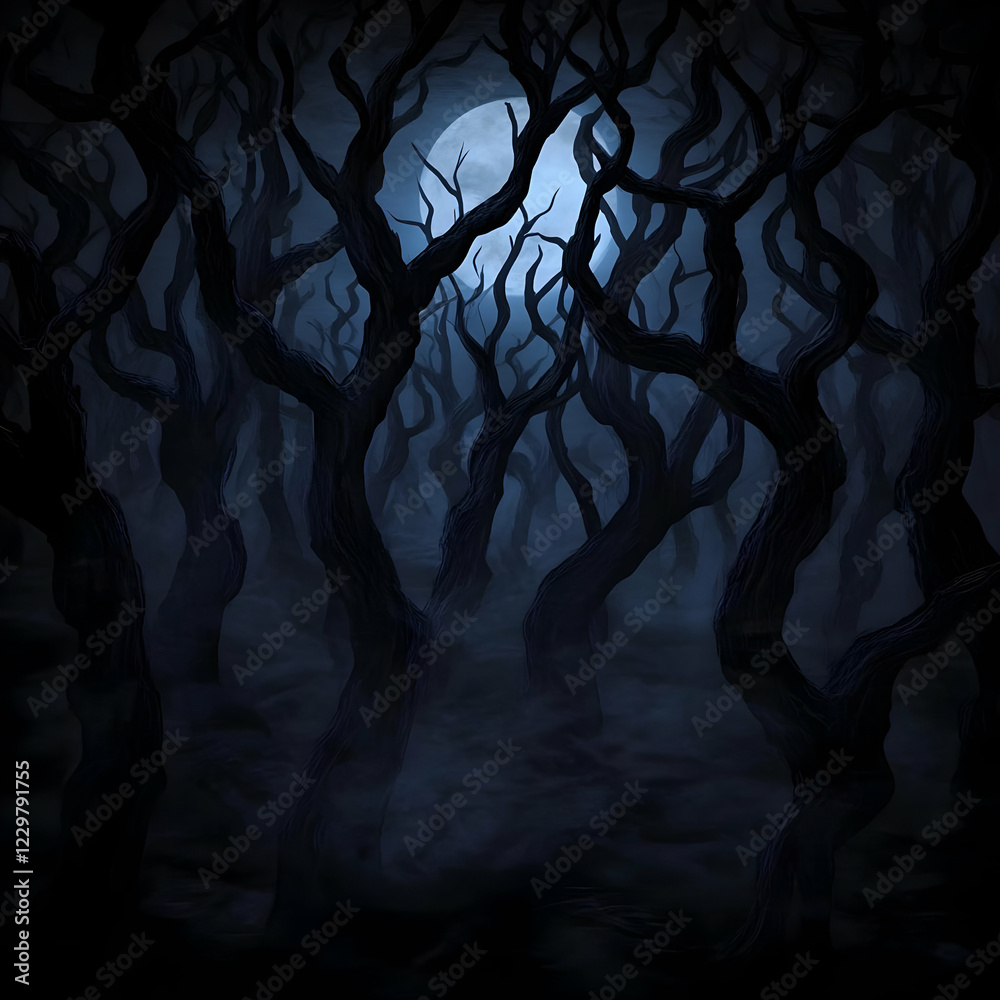 Naklejka premium Moonlit spooky forest path, Halloween backdrop