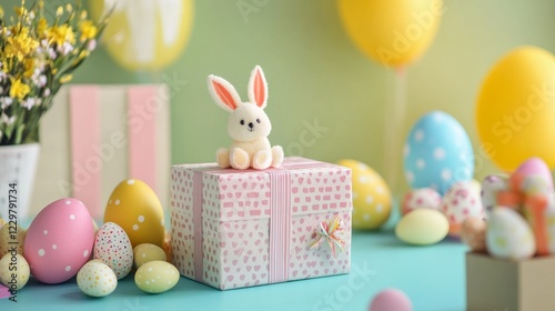 Colorful Easter celebration with decorative gifts, pastel eggs, and bunny centerpiece in a bright setting