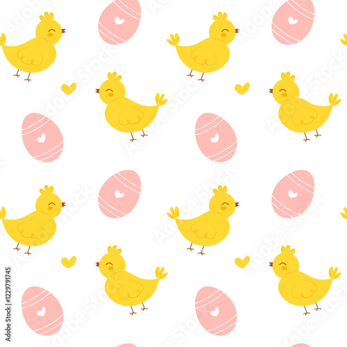 Cute Easter seamless pattern with adorable cartoon chicks and eggs. Childish vector seamless pattern perfect for kids textile, fabric, wrapping paper, wallpaper, background and so on