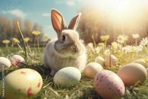 A cute Easter bunny in front of colourful Easter eggs in a green spring meadow under a blue sky, AI generated