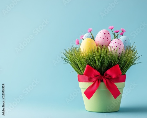 Colorful Easter eggs nestled in a decorative pot filled with green grass and flowers against a pastel blue background